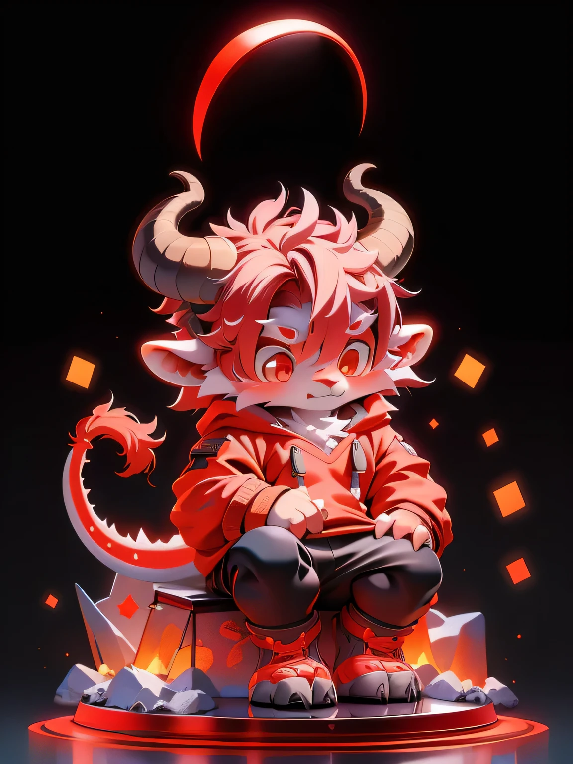 rest，Master masterpieces，high resolution，8k，Red lantern background，high quality，rest，rest，（red dragon scales，Black sclera，red eyes，Detailed dragon scales）） hairy， broken， muscular， horny boy， toy doll，Red sweatshirt，Chinese dragon horn，Chinese dragon tail，Chinese dragon whiskers，alone，（through thick snacks：0.8）