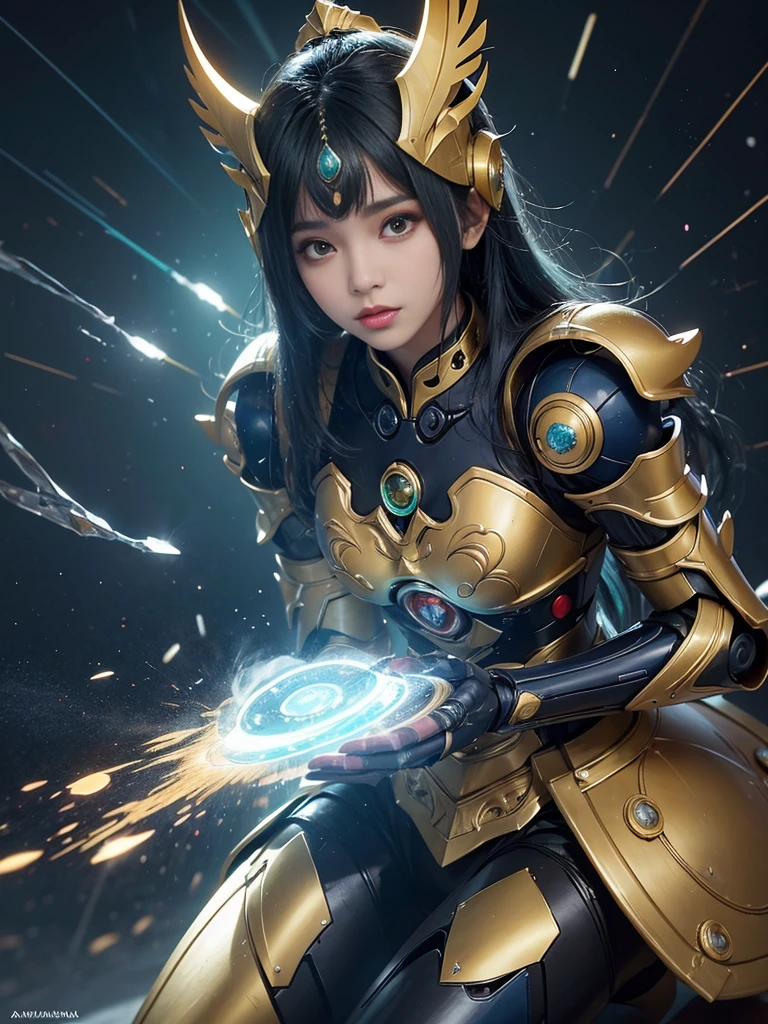 buatkan gambar robot masa depan berbahan kaca, ,armor dan helm canggih, yang terbuat dari bahan kaca warna biru terang , hijau dan emas berkilau, bermata biru, rambut bergaya punk warna kuning, merah dan hijau, dengan senjata kecil menempel di kaki kanan dan kiri , ukuran frame 3:4, sedang menari balet di atas panggung pertunjukkan sirkus, ditemani robot wanita.
