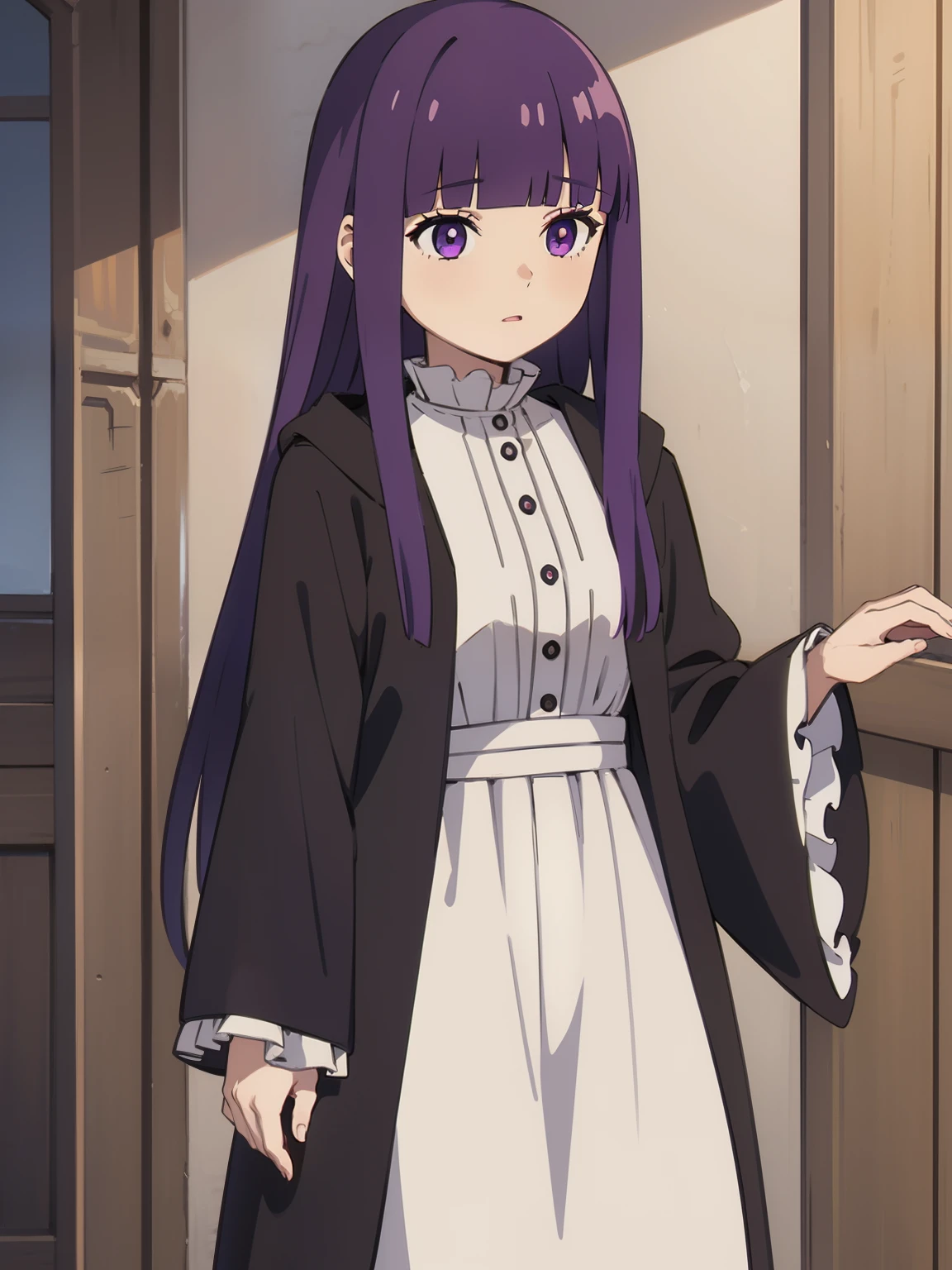 1girl, fern, purple hair, (blunt bangs:1.2), long hair, half body shot, frilled collar, black robe, white dress, center frills, buttons, wide sleeves, long sleeves, town