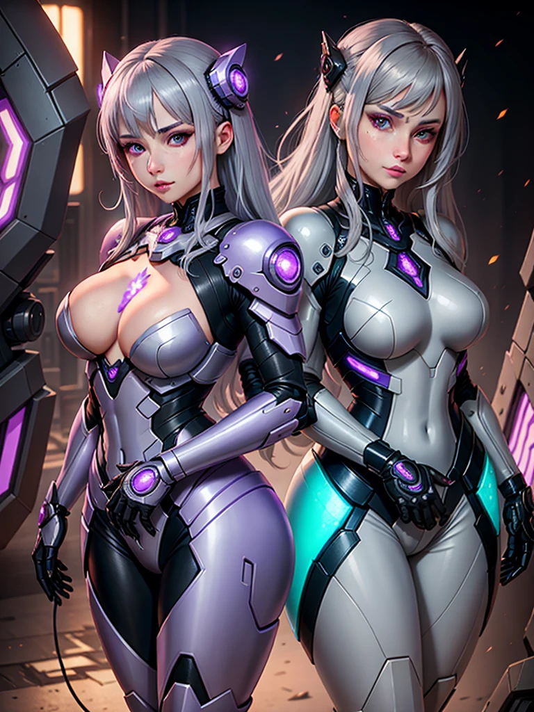 Realistic, girl one, gray hair, purple eyes, shining eyes, mech suit, reptile, metallic, intricate details, detailed neon, parted lips,