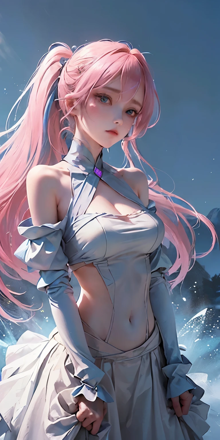 Beautiful slim perfect body、long pink hair、Cool look、Sharp Eye、Systemic manifestationedium chest、White sexy see-through dress、Belly button、See-through nipples、Fighting Pose、Pitch Black Hell