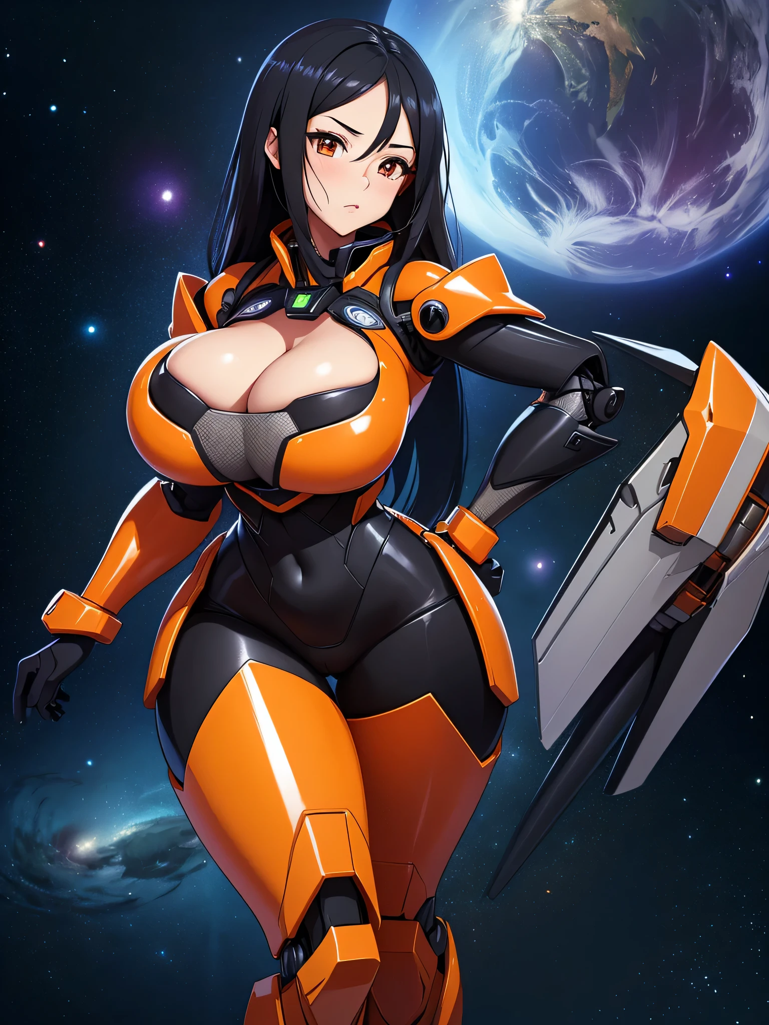 super high image, super detail, super high resolution, best quality, (full body image), ((anime)), (((masterpiece))), , (((girl))), (17years old),(pretty face), (perfect body), (hourglass body shape), (high quality hands), ((long glossy black hair)), (beautiful eyes), ((massive breasts:1.2)), (showing cleavage), (sexy), (((sci fi mech suit with orange accents))), sexy expression, (((erotic pose))), (thin waist:1.0), (wide hips:1.2), (thick ass:1.0), ((space background))
