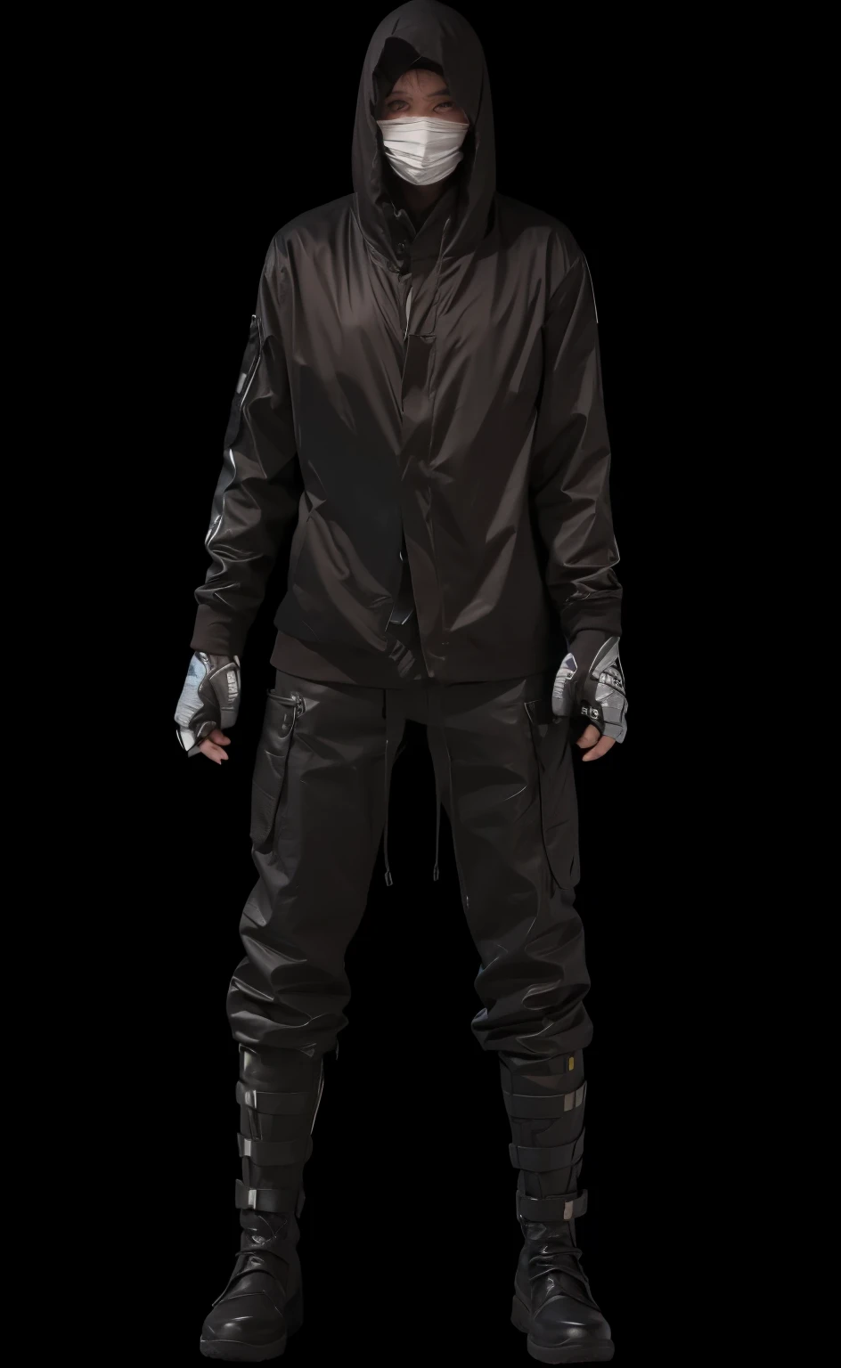 Bandaged covering face and hand, leather jacket with hoodie, Baggie pants, Long boot, black undershirt, No face