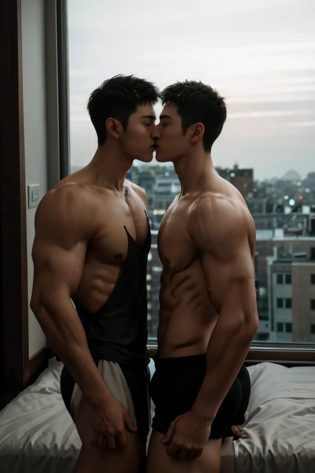 high image quality, two beautiful shirtless muscular men, delicate eyes, muscular, tall, high stature, random hairstyle, bedroom, trying to kiss, windowsill, nightfall, night view, romantic, full body shot,