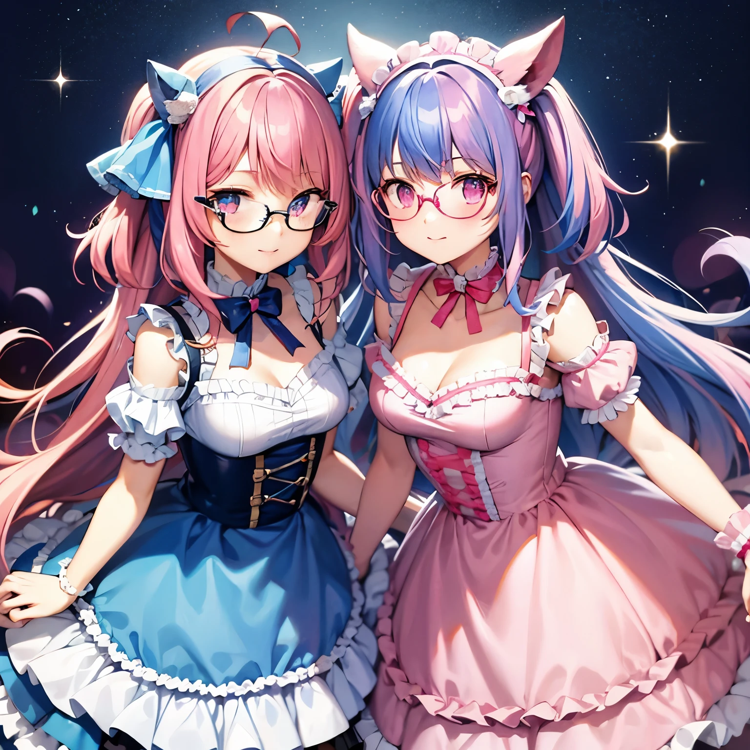 frills, pink eyes, blue hair, Light blue clothes, ribbon, Sparkling, Glasses, older sister