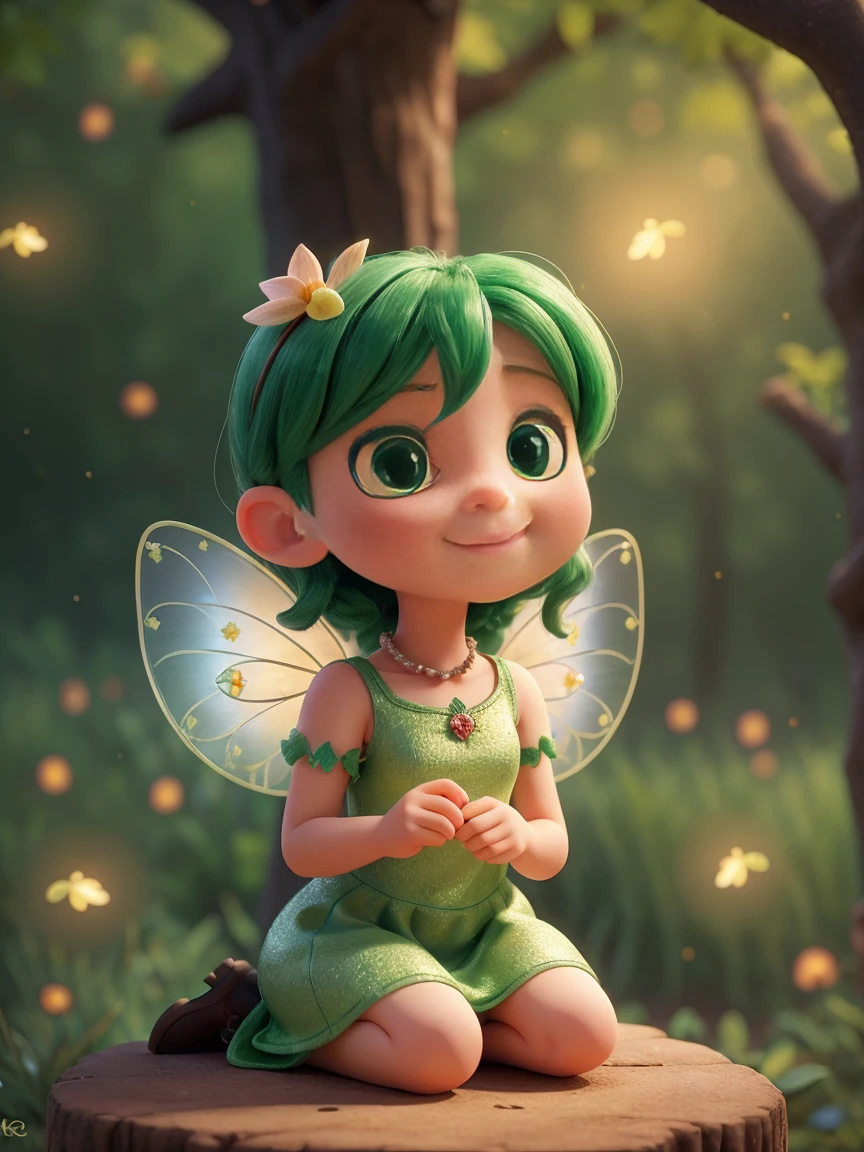 A whimsical scene unfolds as a charming little fairy, adorned in a green dress, sits gracefully on a delicate branch, surrounded by the enchanting glow of fireflies dancing around her. Sharp image, high resolution image, super detailed image, 8k, 