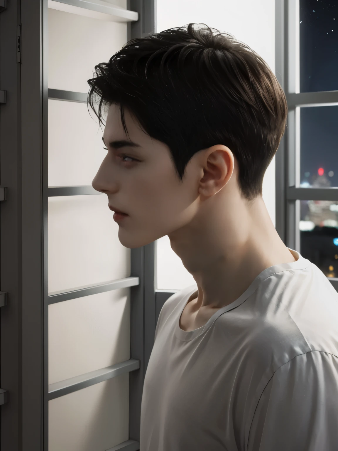 high image quality, two beautiful men, delicate eyes, thin muscular, tall, high stature, random hairstyle, bedroom, trying to kiss, windowsill, nightfall, night view, romantic, detailed face, detailed body,