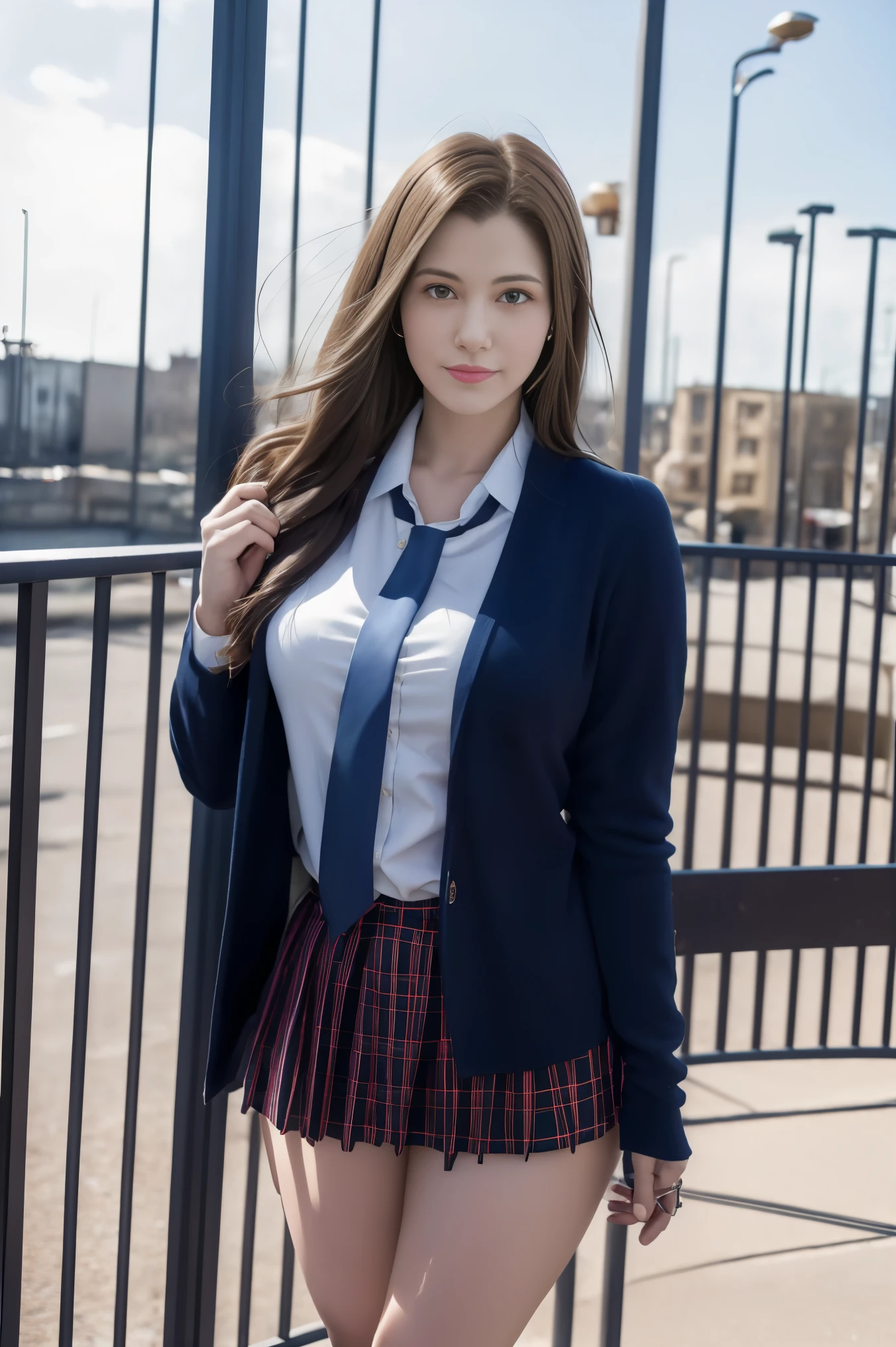 Claire Redfield from Resident Evil, posing seductively to viewer, solo:1, pov, beautiful thick thighs, side view
Sunny city background, natural lighting, long hair, 3/4 body, school attire with jacket and tie, mini pleated skirt