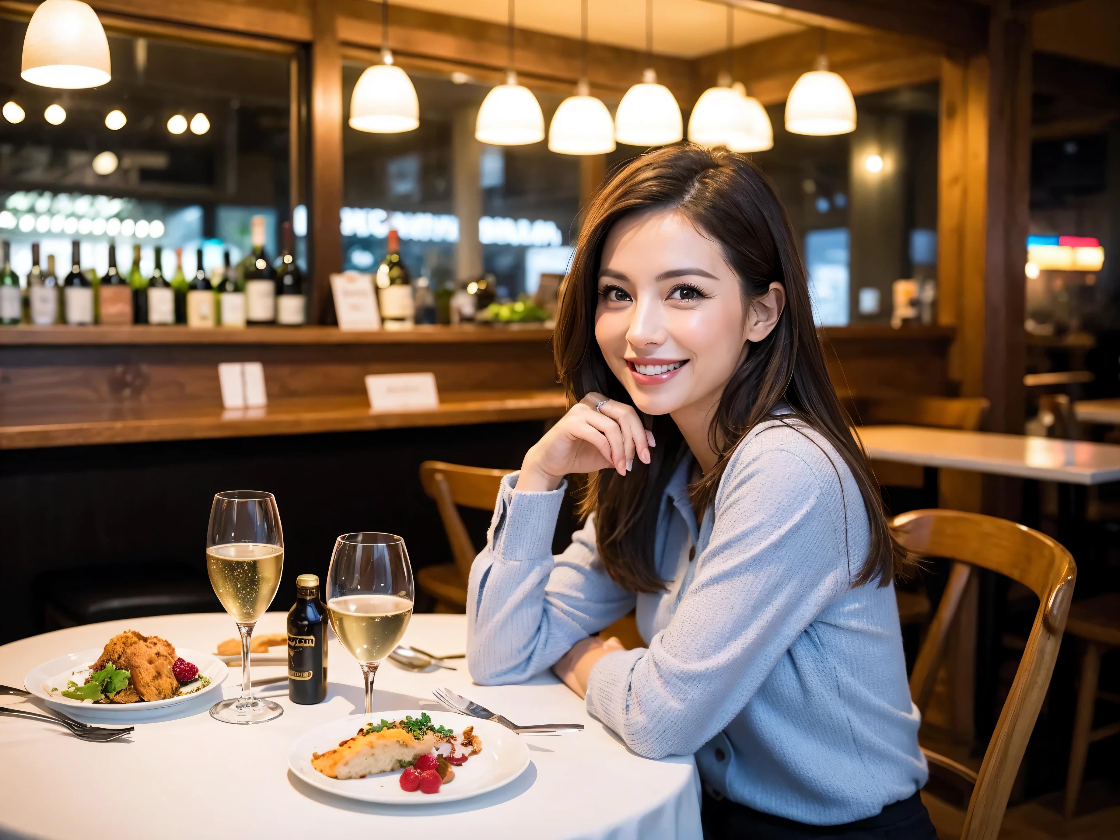 64k, UHD, highest quality, masterpiece: 1.2), (realistic, photorealistic: 1.37), Super detailed, slimな美女3名, (slimフェイス),Happy、 最高なsmile、Fox Face、Berry Short、(because I'thin), (brown hair), (shortcut), long sleeve shirt、winter fashion、Colombia、Brazilian、Japanese、Dutch、German、Portuguese、Belgian、Italian、french,champagne、Sparkling wine、 (gush), (slimボティ), (brown hair), (shortcut), Neat beauty、cheeks blush a little, (35 years old), 38 years old, alone, A beautiful and detailed night view spreads out outside the window..., restaurant, wine glassが座っている, At night, in a prominent place (from the Upper body) nova frog style, actress, model, Upper body, White wine, slim, wine glass, very beautiful night view, wine glass Put in the Middle, Happy smile, (smile: 1.15), 