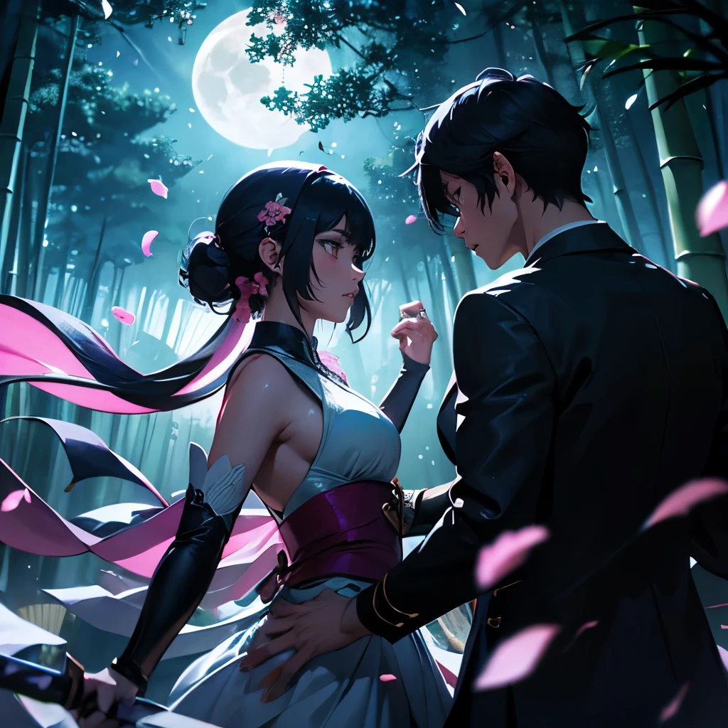 depth of field, cinematic lighting, motion blur, chromatic aberration, ray tracing, anime, 8k, super detail, best quality, 1080P, HD, 4K, 16k, UHD, HDRI. In the moonlit bamboo forest, the celestial warrior Kaito and the shadowy figure Akira engage in a breathtaking duel, their ethereal and menacing swords clashing under the watchful glow of the full moon, each movement a dance of destiny in this ancient battleground adorned with fallen bamboo leaves and cherry blossom petals.