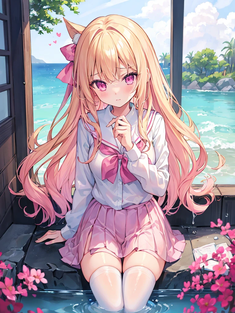 masterpiece, high quality, 1 girl, Improve, blonde hair, pink eyes, school uniform, Thighhighs, pink good、bathing、Wet, see-through underwear fully visible、White and pink underwear、blush、Bewitching、sexy、cute、