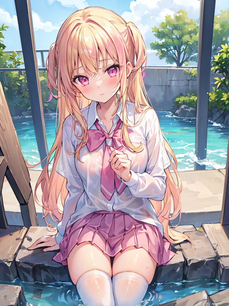 masterpiece, high quality, 1 girl, Improve, blonde hair, pink eyes, school uniform, Thighhighs, pink good、bathing、Wet, see-through underwear fully visible、White and pink underwear、blush、Bewitching、sexy、cute、