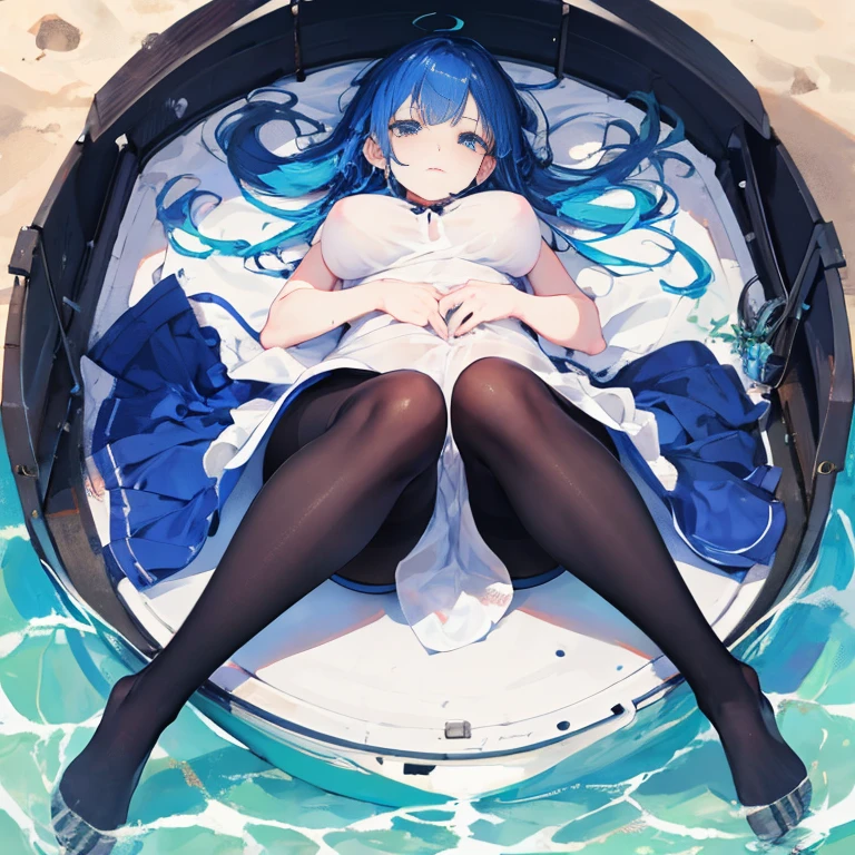 (actual),masterpiece,best quality,light,(Aerial view of the satellite),natural shadow,highest detail,Professional photography,Detailed background,depth of field,Crazy details,complex,aesthetic,Detailed faces,subsurface scattering,Aerial view of the satellite,1 plump girl,Full body female love,faint smile,Big breasts are very charming,blue hair.aho colorful),shift dress,lie,wet,beautiful legs、Nice ass,Long legs、(Surreal pantyhose:1.2) beach, Small crabs, water,