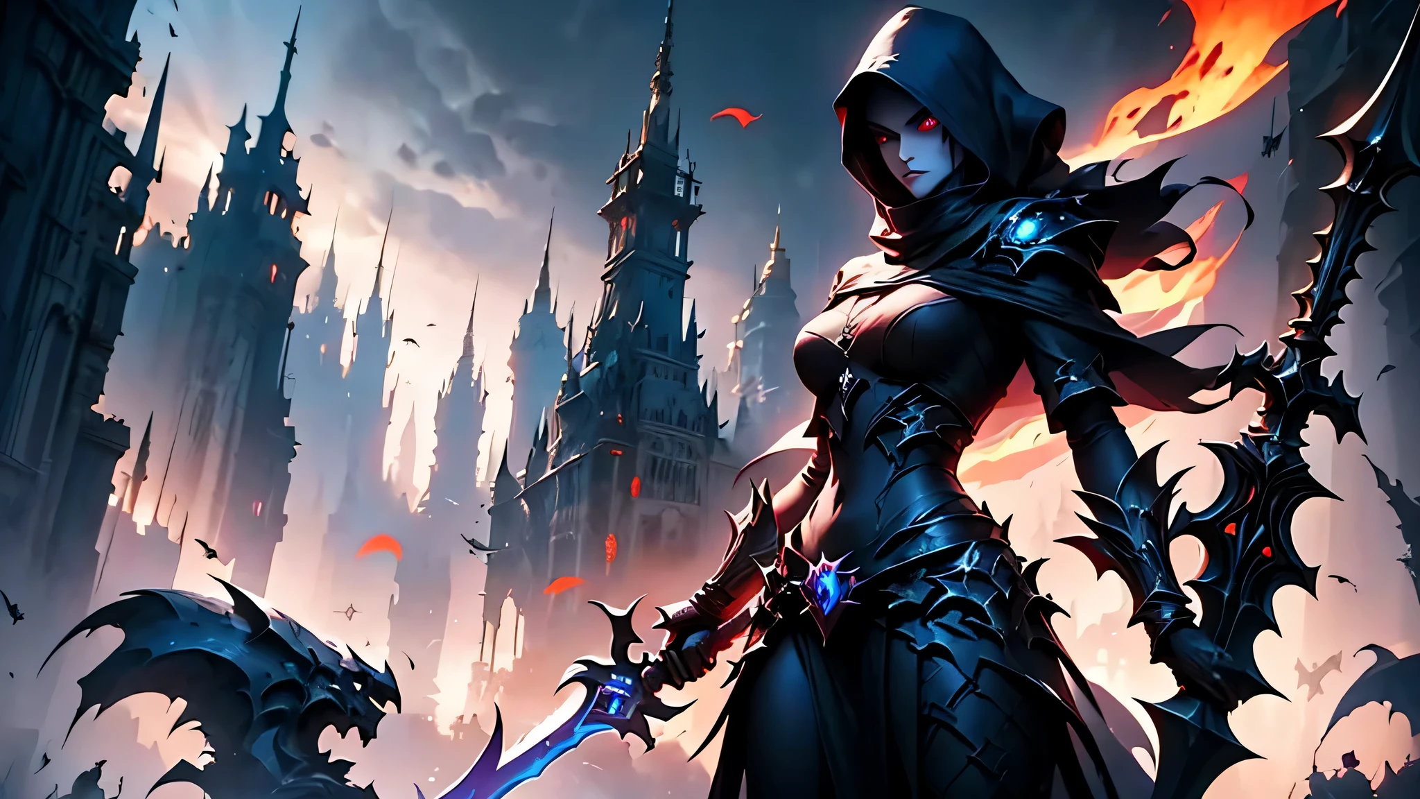 arafed image of a woman with a sword in a dark sky, dota 2 concept art, dota 2 hero, hero from dota 2, darksiders style, artifact dota2, darksiders art style, dota character, dota 2 screenshot, dota 2, matte painting arcane dota pixar, darksiders halloween theme, blizzard cinematic