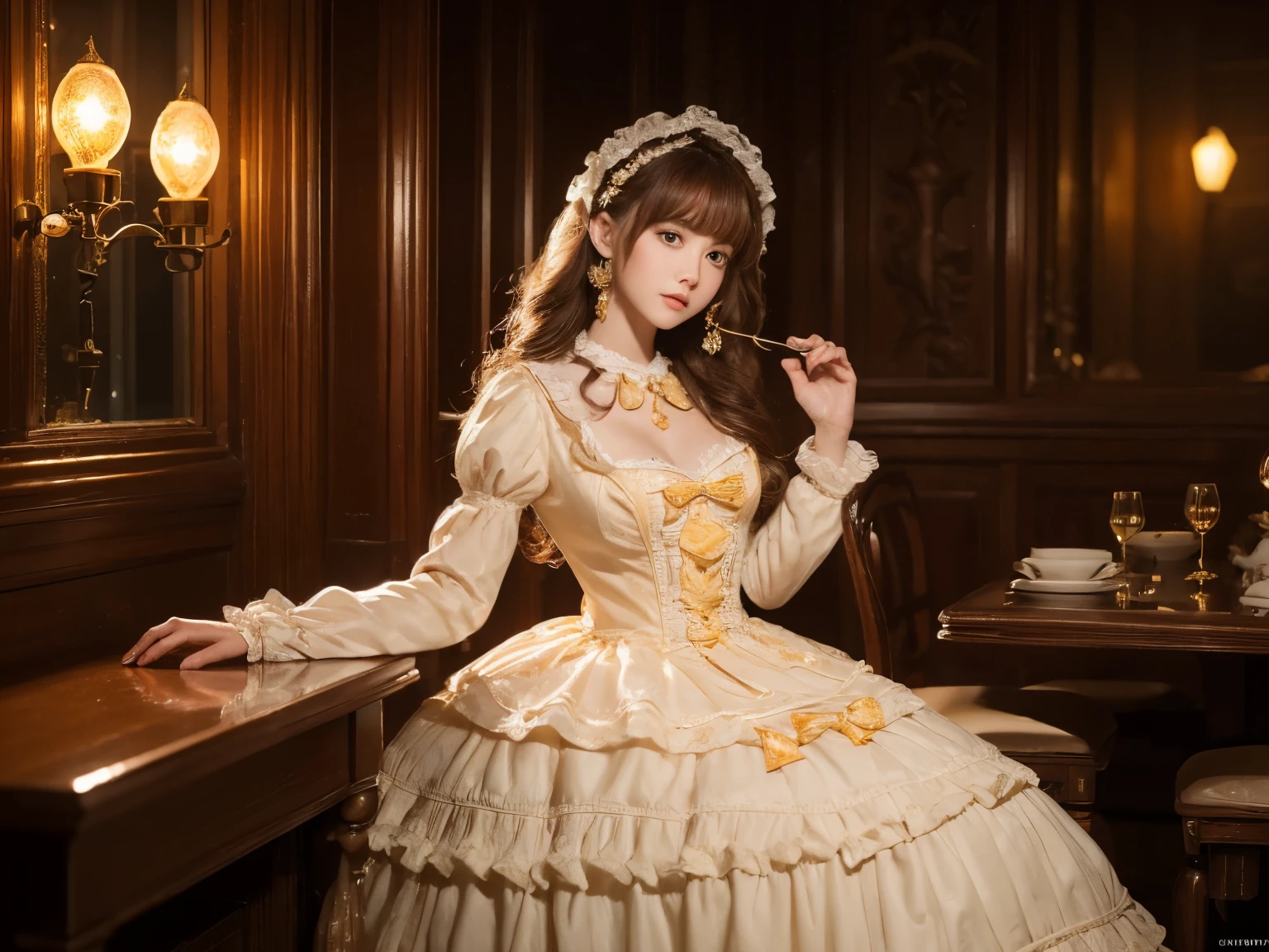 (masterpiece, highest quality, masterpiece,highest quality,official art, 8K wallpapers), girl,Chiquita，With long hair in the take, brown hair, wavy hair, small breasts,(Dynamic Color Lolita Costume), barefoot, skirt lift,European Restaurant，candlestick，wall，tableware， (Skins with the highest level of detail: 1,2), (The highest level of detail on the dial:1.2), front light, night, warm white light, look into the camera,