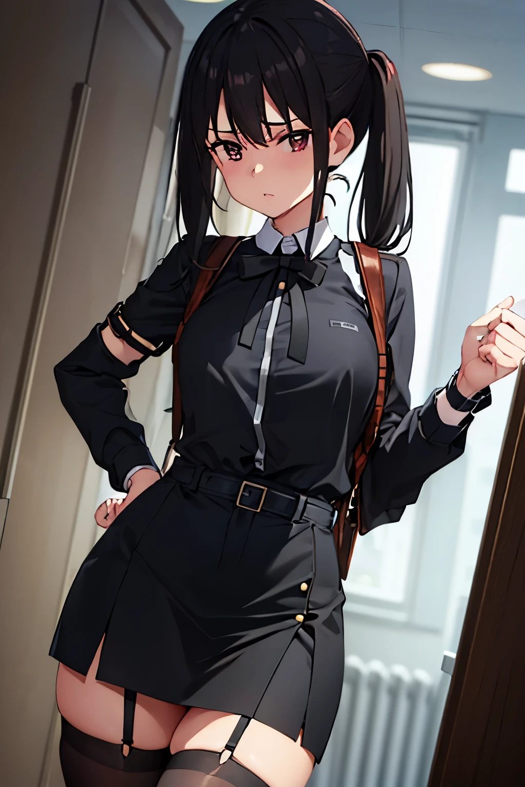 suit,collared shirt,belt bag,Suspenders Black Miniskirt　garter belt　knee high　stockings　black stockings　Colorcon armpit sweat　Sweat　sides of both hands,black jacket,sight,ample breasts,armpit sweat,expose armpits"tight clothes、with cuff、wristband bangs center parting　mask