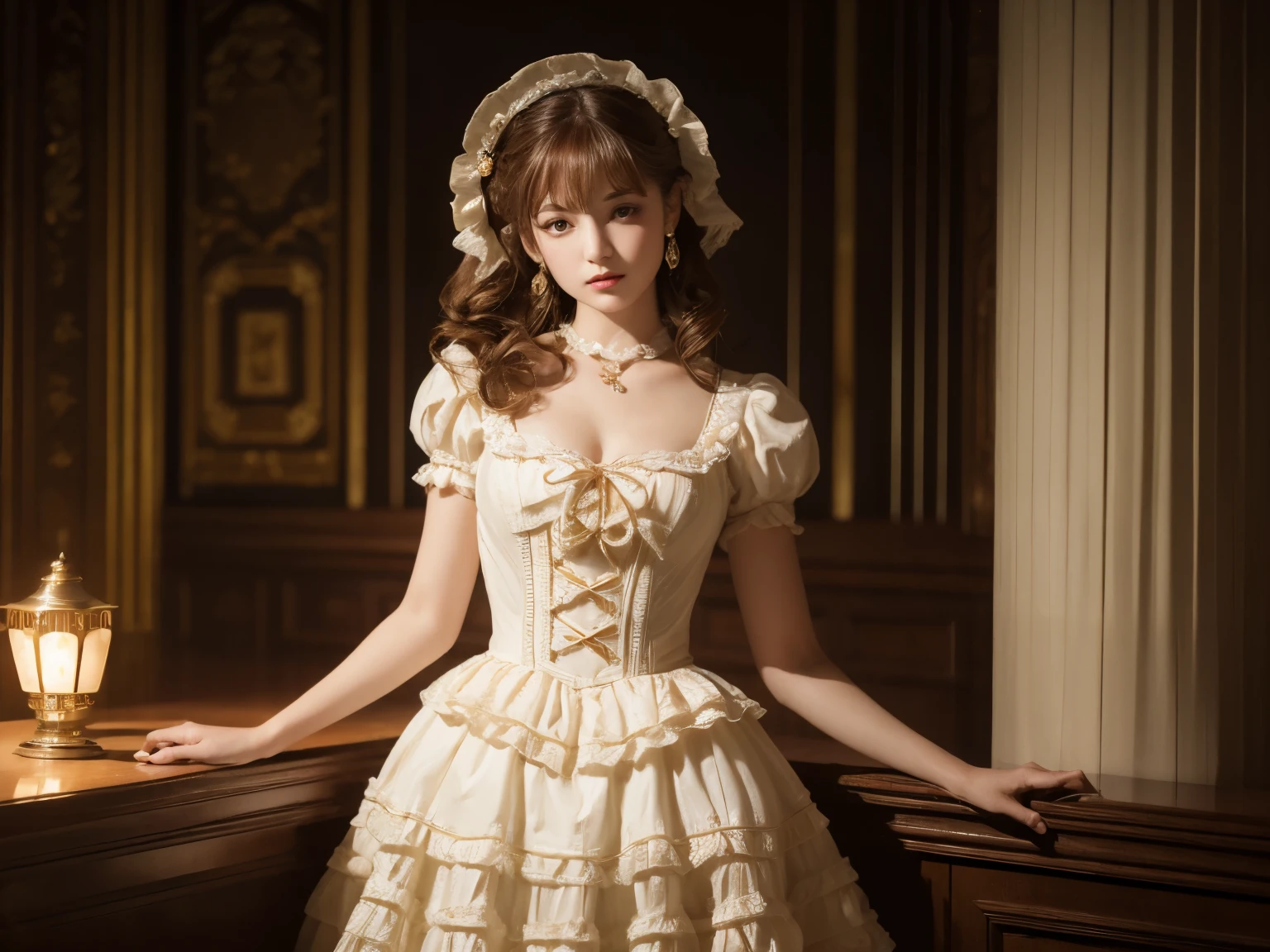 (masterpiece, highest quality, masterpiece,highest quality,official art, 8K wallpapers), girl,Chiquita,With long hair in the take, brown hair, wavy hair, small breasts,(Dynamic Color Lolita Costume), barefoot, skirt lift,European Restaurant,candlestick,wall,tableware, (Skins with the highest level of detail: 1,2), (The highest level of detail on the dial:1.2), front light, night, warm white light, look into the camera,