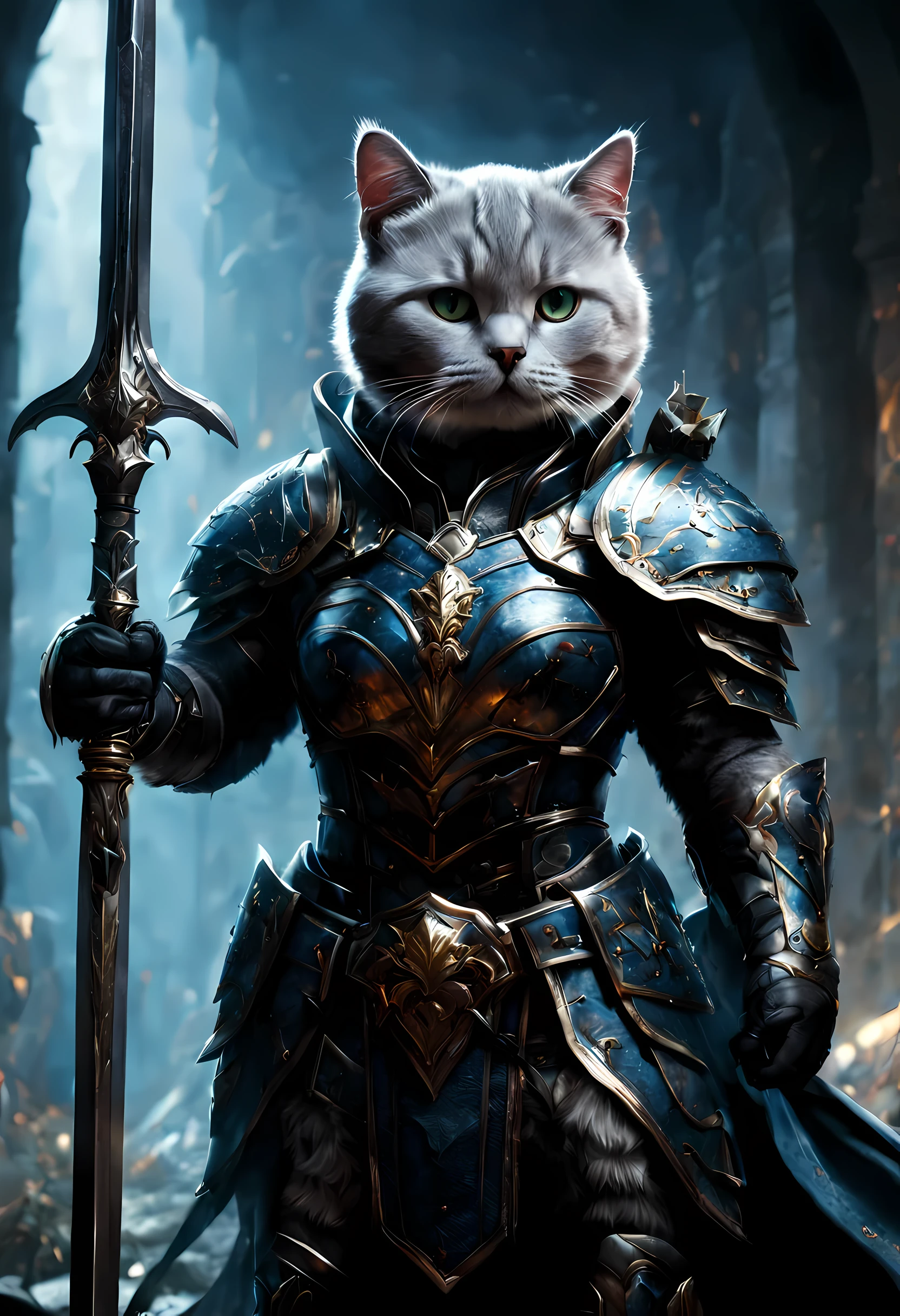 official art, unified 8k wallpaper, super detailed, Beautiful and beautiful, masterpiece, best quality, Costume animals page, Dirk Fintas，watching a film《lord of the ring》style of，Real-world scenarios，Epic war scenes，(Cute British Shorthair warrior cat:1.2), (whole body), Wear exquisite armor and helmets，Holding a long sword，In battle，(The Great Wall background:1.3)，(cool color:1.3)，texture，Ray tracing，