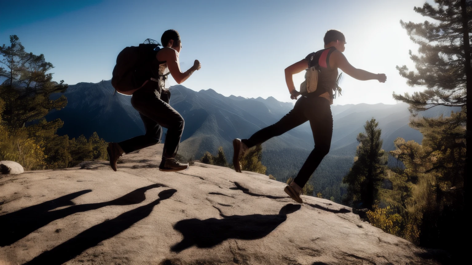 hyper ultra realistic photographs full body of Caught in mid-air, a hiker's body forms a perfect arc as they jump from one rock to another. Their legs are bent, ready to land, and a wide smile stretches across their face. The wind whips through their hair, carrying the scent of pine and freedom. ratio 16:9, 4k, 8k resolution, High quality photo, high detailed, imagesharp focus, Cinematic lighting,hyperdetailed & Unreal engine, detail, realism, photography,cinematography, camera NIKON, lens NIKKOR flagship, masterpiece. hyper-maximalism, ultradetailed photorealistic, light skin imperfections, final render, vray, photo, fashion