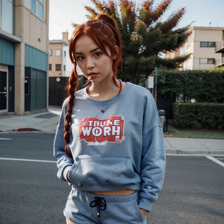 Woman with red hair tied up wearing a blue sweatshirt with a mouth in the middle of the sweatshirt and wearing shorts, anime