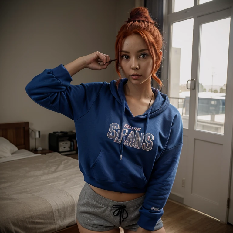 Woman with red hair tied up wearing a blue sweatshirt with a mouth in the middle of the sweatshirt and wearing shorts, anime