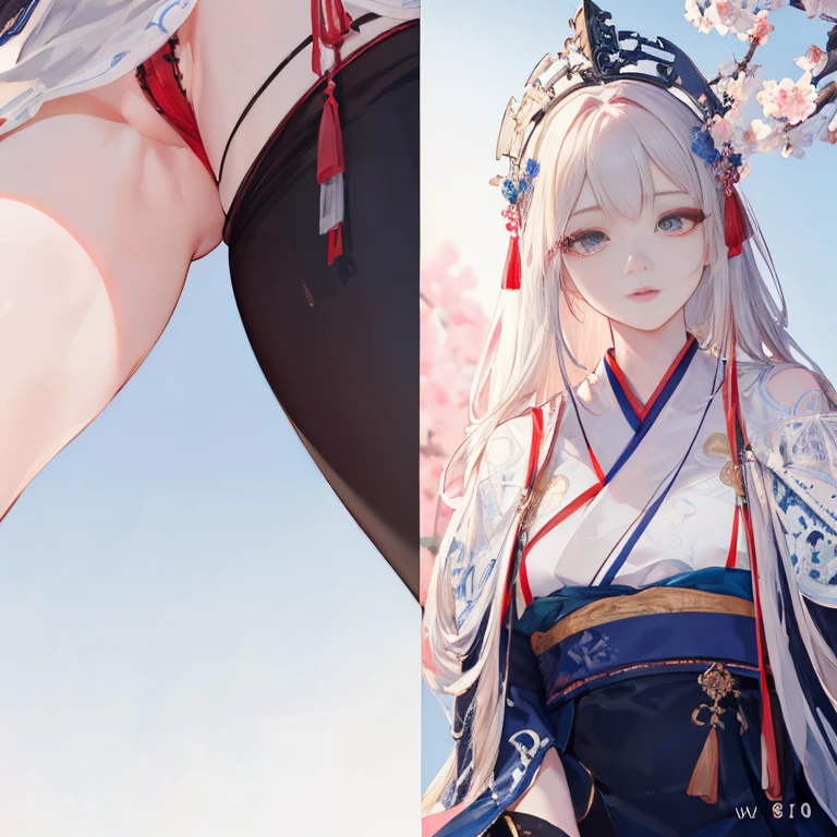 Blue sky and white clouds，Yunshan is far away，pink flowers，Cherry tree，Hanfu woman,Phoenix Crown Tiara、Detailed embroidery、Wearing Hanfu pantyhose、Wearing sleeveless Hanfu、Transparency is clearly visible、Look, it’s huge、raw,(8k、quality、masterpiece:1.8)、(intricate details:1.8)、(Realism:1.8)、Octane number renderings、Complex 3D renderings with ultra-details, Studio soft lighting, edge light, Vibrant details, Super details, Realistic skin texture, Details, beautiful eyes, Very detailed CG Unity 16k wallpaper, cosmetic, (Detailed background:2.0), skin glowing、spread your legs，Camel toe showing thigh!!!、