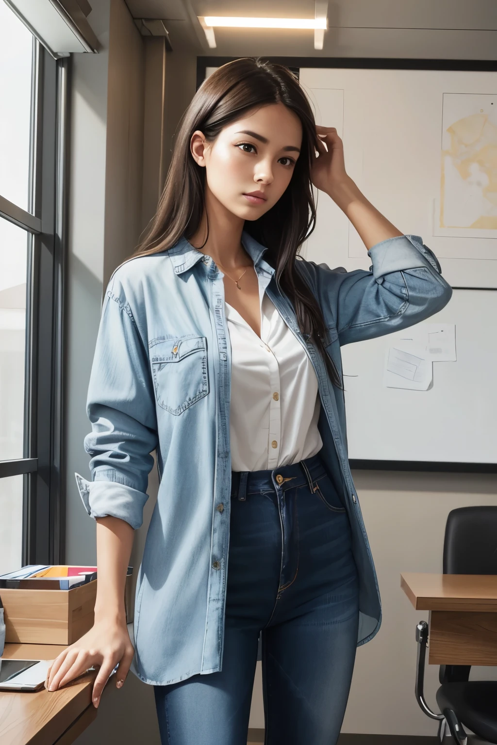 **Portrait**, **photo**, **a woman using tablet**, **long**, **casual wear**, **button-up shirt**, **jeans**, **focused**, **modern office**, **geometric patterns**, **high resolution**, **Center Framing**, **woman centered in frame**, **low angle shot**, **waist up shot**, **front view**, **Natural lighting**, **Warm Colors