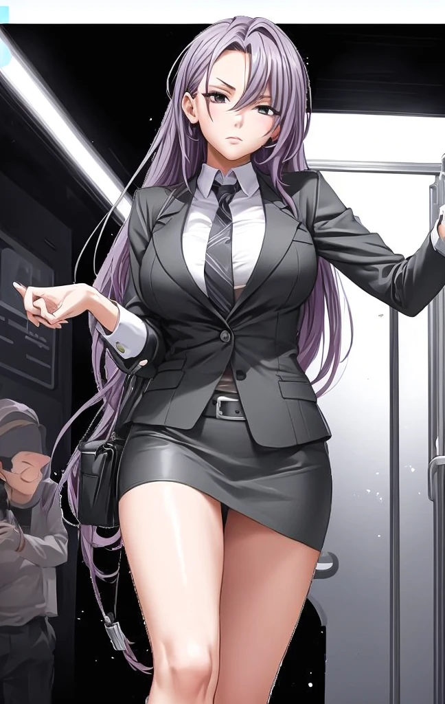 A beautiful woman with long hair, big breasts, and beautiful legs is standing on a train in a tube top, suit, and miniskirt, glaring at a bald middle-aged man in a suit.。