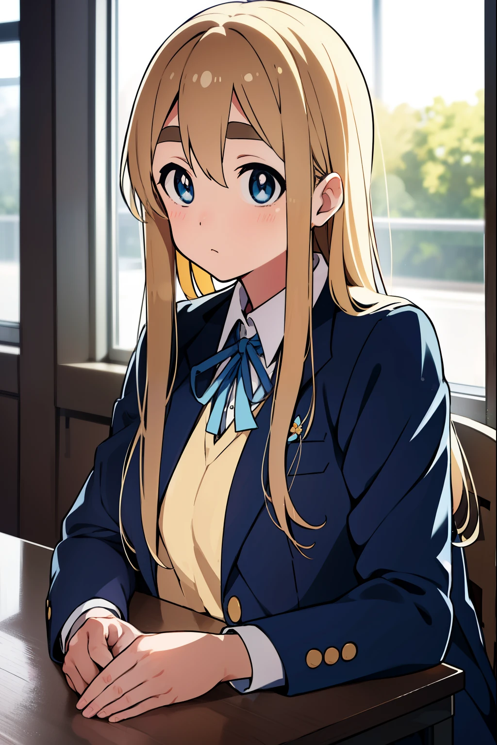 Tsumugi Kotobuki, Tsumugi Hisashi, blonde hair, blue eyes, long hair, thick Eyebrow, Eyebrow,
break sakuragaoka high school uniform, school uniform,
break looking at viewer,
break indoors, classroom,
break (masterpiece:1.2), highest quality, High resolution, unity 8k wallpaper, (figure:0.8), (beautiful and fine eyes:1.6), highly detailed face, perfect lighting, Very detailed CG, (perfect hands, perfect anatomy),