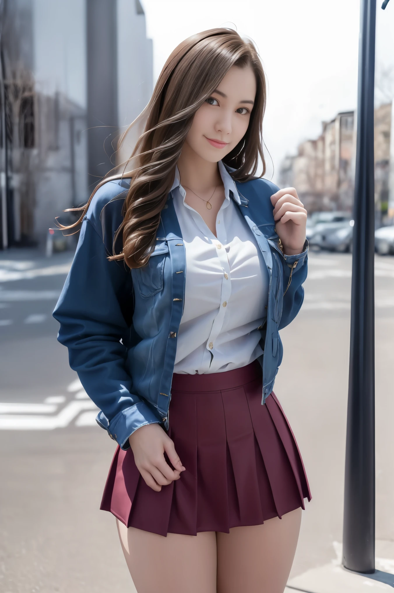 Claire Redfield from Resident Evil, posing seductively to viewer, solo:1, pov, beautiful thick thighs, side view
Sunny city background, natural lighting, long hair, 3/4 body, school attire with jacket and tie, mini pleated skirt, top two buttons opened