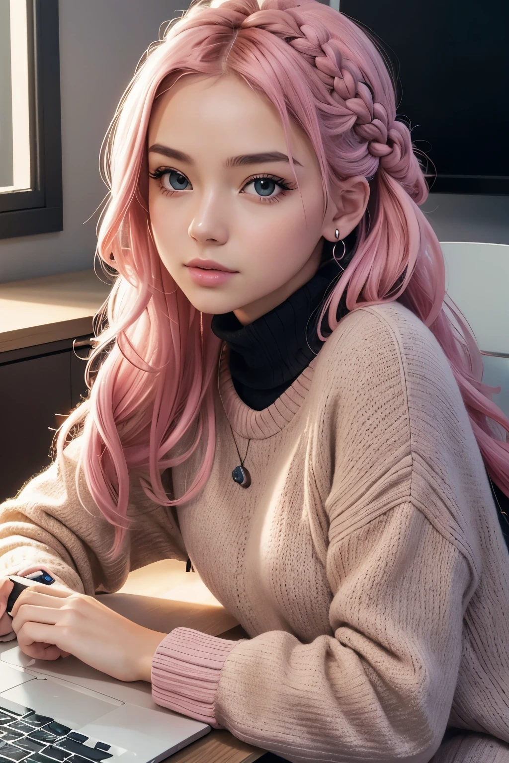 **Genre:** Portrait
**Photo or Other:** Photo
**Subject/Action/Situation:** A girl using smartphone with social media icon graphics floating around
**Hairstyle:** Medium, braided
**Clothing:** Casual wear, pink sweater
**Emotion/Facial expression:** Concentrated, neutral
**Expression method:** High saturation, digital graphics overlay
**Background element/location (as short as possible):** Solid color background, pink
**Art style:** Contemporary
**Image quality:** High resolution
**Composition:** Center Framing
**Placement in frame:** Girl in center
**Shot angle:** Eye level
**Shot size:** Medium shot
**Shot position:** Front view
**Lighting:** Studio lighting, even
**Effect:** None
**Post-processing:** Digital graphics addition
**Texture:** Smooth, graphic icons
**Era:** Contemporary
**Color:** Warm Colors, vibrant
**Saturation:** High saturation
**Brightness/luminance:** Bright
**Climate/Weather:** None
**Season:** None
**Time:** None
**Image concept: Indoor, casual setting
**Special Notes or Additional Elements:** Smartphone use, presence of social media icon graphics floating around to indicate connectivity or online activity