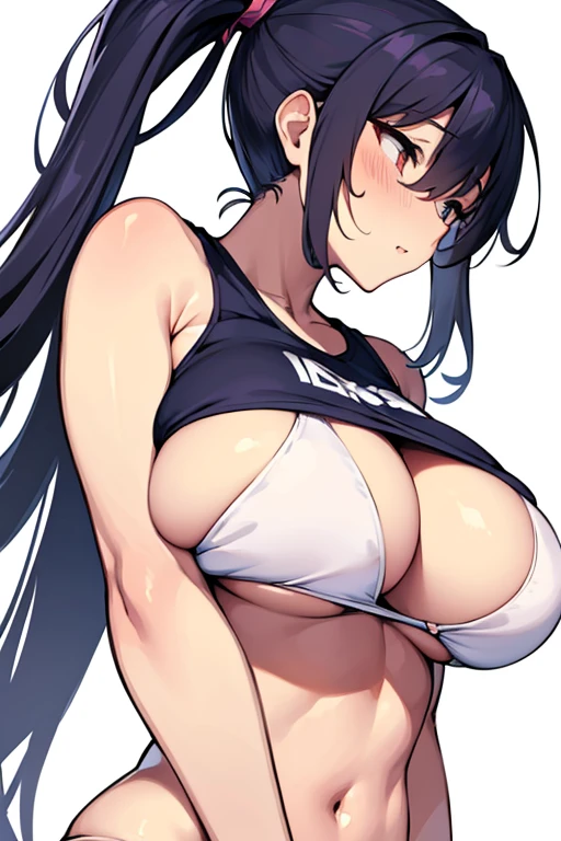 (Beautiful line drawing illustration on a pure white background)、(Line drawing with shading)、Shirtless busty volleyball player、cute face