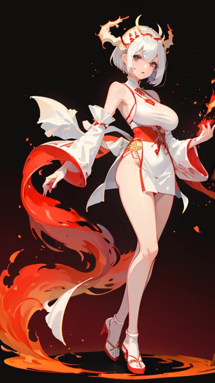 a girl，white short hair，huge breasts，slender waist，There are two dragon horns on the head，Wearing red clothes，The type of clothing is Hanfu，golden headdress，red and white background color，Standing posture，wearing high heels。Perfect body。full body picture