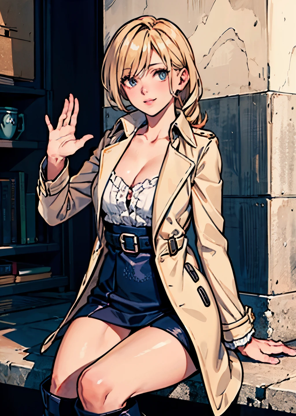 (best quality,4k,8k,highres,masterpiece:1.2),ultra-detailed,(realistic,photorealistic,photo-realistic:1.37),(cowboy shot),(sitting),beautiful detailed eyes,beautiful detailed lips,extremely detailed eyes and face,long eyelashes,feminine,(blonde hair),long wavy hair,(professional,model-like:1.1) Sidelighting,((wink)),laugh,pose,(left-hand waving,graceful,elegant:nine),(long trench coat),(black-long boots),shoulder bag,(slim waist,grammar)