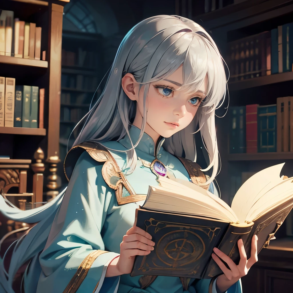 depth of field, cinematic lighting, motion blur, chromatic aberration, ray tracing, anime, 8k, super detail, best quality, 1080P, HD, 4K, 16k, UHD, HDRI. Within the mystical confines of an ancient castle's enchanted library, Aria, a silver-haired mage, guided by the ethereal Lumina, delicately uncovers forgotten spells and lost incantations from towering bookshelves adorned with ancient tomes, as the very pages come to life with animated illustrations telling tales of hidden realms and powerful artifacts.