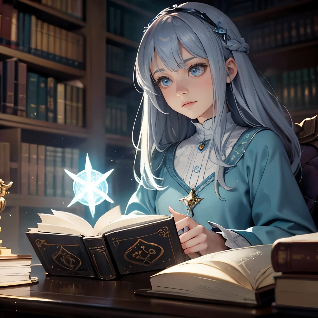 depth of field, cinematic lighting, motion blur, chromatic aberration, ray tracing, anime, 8k, super detail, best quality, 1080P, HD, 4K, 16k, UHD, HDRI. Within the mystical confines of an ancient castle's enchanted library, Aria, a silver-haired mage, guided by the ethereal Lumina, delicately uncovers forgotten spells and lost incantations from towering bookshelves adorned with ancient tomes, as the very pages come to life with animated illustrations telling tales of hidden realms and powerful artifacts.