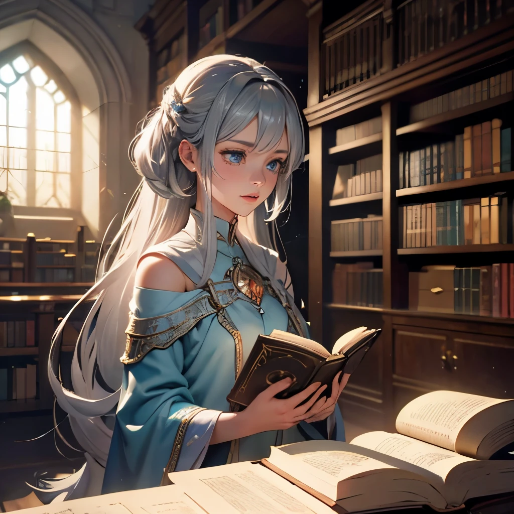 depth of field, cinematic lighting, motion blur, chromatic aberration, ray tracing, anime, 8k, super detail, best quality, 1080P, HD, 4K, 16k, UHD, HDRI. Within the mystical confines of an ancient castle's enchanted library, Aria, a silver-haired mage, guided by the ethereal Lumina, delicately uncovers forgotten spells and lost incantations from towering bookshelves adorned with ancient tomes, as the very pages come to life with animated illustrations telling tales of hidden realms and powerful artifacts.