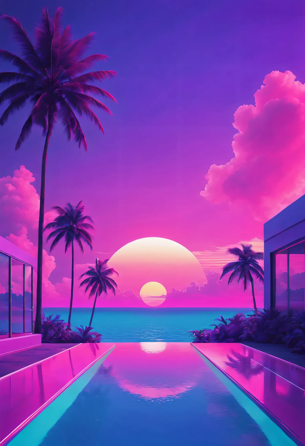 vaporwave aesthetics、colored neons、dreamy atmosphere、Cyberpunk atmosphere、fault art、80s retro vibe、Geometric patterns、surreal scenery、Japanese text、pink and purple shades、hologram effect、beach日落、Palm tree、3D rendering object、Reflective surface、tropical paradise、bright colors、synthesized music、Numerical aesthetics，Abstract shapes，miami vice style，future fashion，beach，Smooth gradients，pastel color palette，nostalgic ambiance，Low-fidelity aesthetics，urban skyline，sunset reflection，Surreal sunset，The formation of clouds，virtual reality