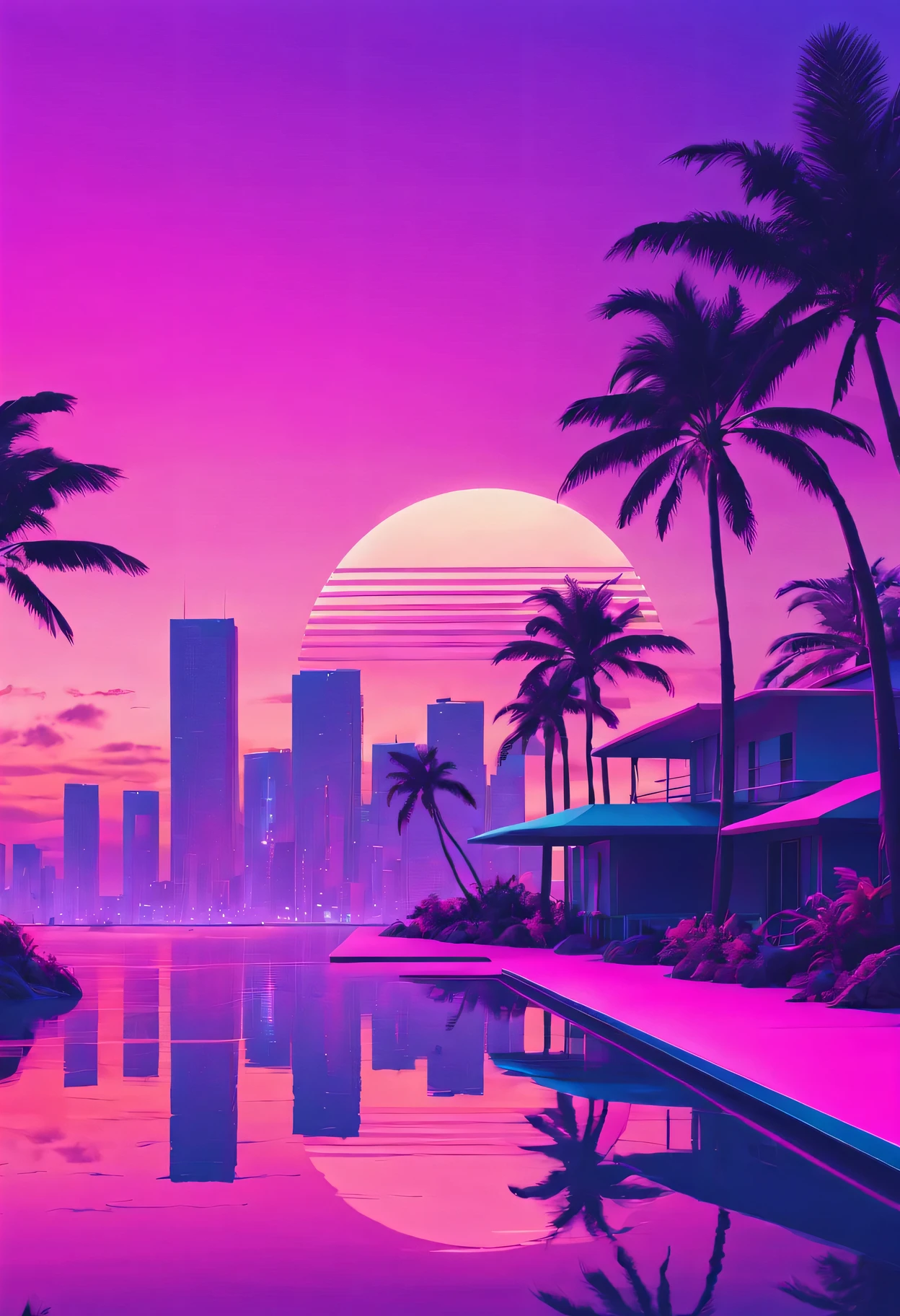 vaporwave aesthetics、colored neons、dreamy atmosphere、Cyberpunk atmosphere、fault art、80s retro vibe、Geometric patterns、surreal scenery、Japanese text、pink and purple shades、hologram effect、beach日落、Palm tree、3D rendering object、Reflective surface、tropical paradise、bright colors、synthesized music、Numerical aesthetics，Abstract shapes，miami vice style，future fashion，beach，Smooth gradients，pastel color palette，nostalgic ambiance，Low-fidelity aesthetics，urban skyline，sunset reflection，Surreal sunset，The formation of clouds，virtual reality