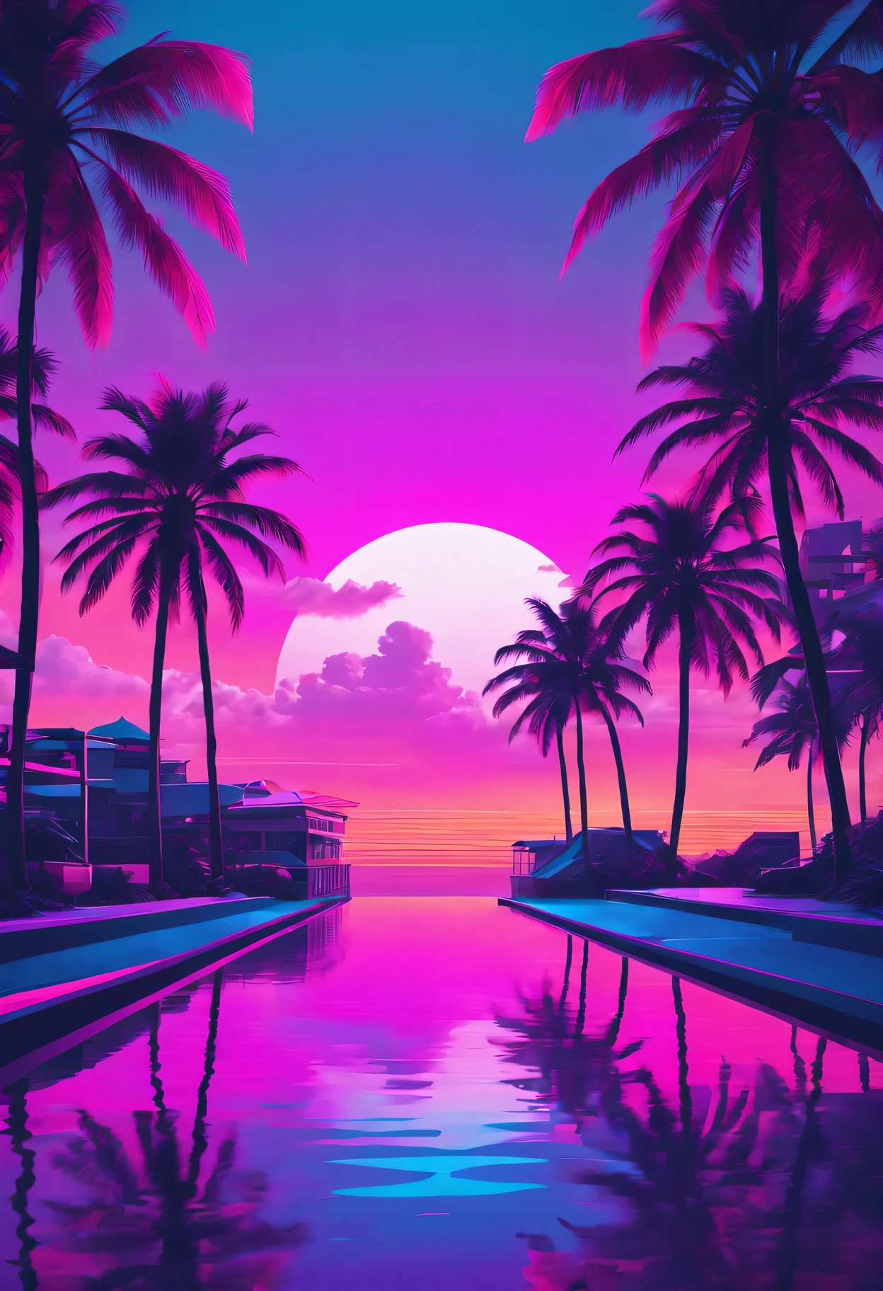 vaporwave aesthetics、colored neons、dreamy atmosphere、Cyberpunk atmosphere、fault art、80s retro vibe、Geometric patterns、surreal scenery、Japanese text、pink and purple shades、hologram effect、beach日落、Palm tree、3D rendering object、Reflective surface、tropical paradise、bright colors、synthesized music、Numerical aesthetics，Abstract shapes，miami vice style，future fashion，beach，Smooth gradients，pastel color palette，nostalgic ambiance，Low-fidelity aesthetics，urban skyline，sunset reflection，Surreal sunset，The formation of clouds，virtual reality