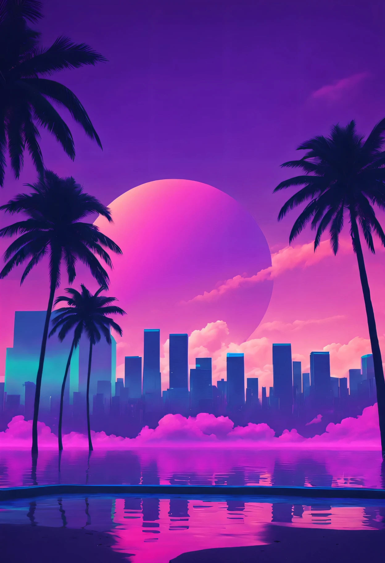 vaporwave aesthetics、colored neons、dreamy atmosphere、Cyberpunk atmosphere、fault art、80s retro vibe、Geometric patterns、surreal scenery、Japanese text、pink and purple shades、hologram effect、beach日落、Palm tree、3D rendering object、Reflective surface、tropical paradise、bright colors、synthesized music、Numerical aesthetics，Abstract shapes，miami vice style，future fashion，beach，Smooth gradients，pastel color palette，nostalgic ambiance，Low-fidelity aesthetics，urban skyline，sunset reflection，Surreal sunset，The formation of clouds，virtual reality