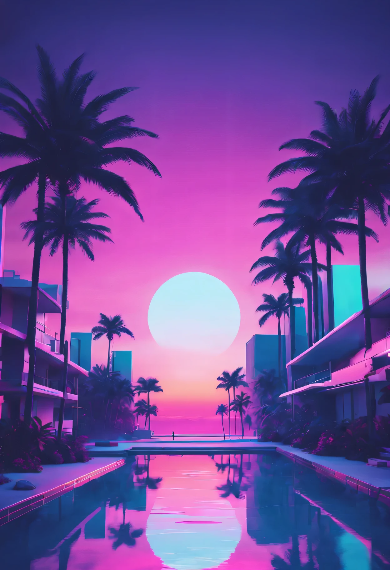 vaporwave aesthetics、colored neons、dreamy atmosphere、Cyberpunk atmosphere、fault art、80s retro vibe、Geometric patterns、surreal scenery、Japanese text、pink and purple shades、hologram effect、beach日落、Palm tree、3D rendering object、Reflective surface、tropical paradise、bright colors、synthesized music、Numerical aesthetics，Abstract shapes，miami vice style，future fashion，beach，Smooth gradients，pastel color palette，nostalgic ambiance，Low-fidelity aesthetics，urban skyline，sunset reflection，Surreal sunset，The formation of clouds，virtual reality