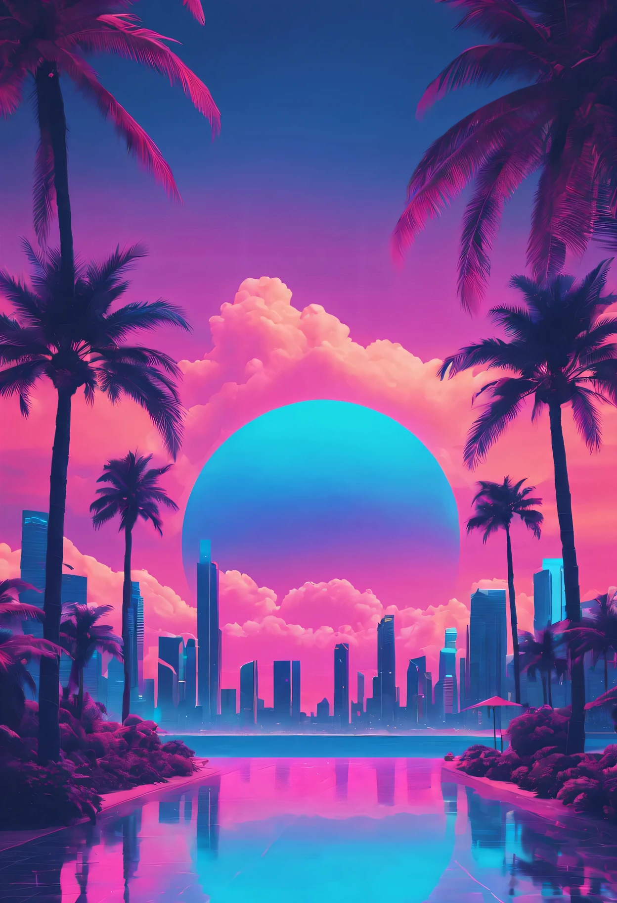 vaporwave aesthetics、colored neons、dreamy atmosphere、Cyberpunk atmosphere、fault art、80s retro vibe、Geometric patterns、surreal scenery、Japanese text、pink and purple shades、hologram effect、beach日落、Palm tree、3D rendering object、Reflective surface、tropical paradise、bright colors、synthesized music、Numerical aesthetics，Abstract shapes，miami vice style，future fashion，beach，Smooth gradients，pastel color palette，nostalgic ambiance，Low-fidelity aesthetics，urban skyline，sunset reflection，Surreal sunset，The formation of clouds，virtual reality