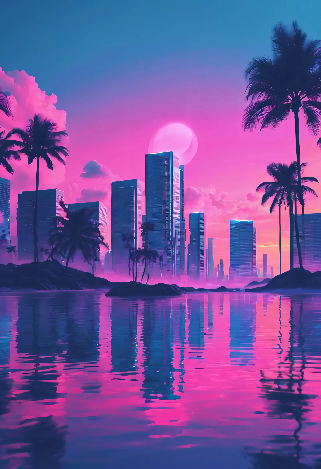 vaporwave aesthetics、colored neons、dreamy atmosphere、Cyberpunk atmosphere、fault art、80s retro vibe、Geometric patterns、surreal scenery、Japanese text、pink and purple shades、hologram effect、beach日落、Palm tree、3D rendering object、Reflective surface、tropical paradise、bright colors、synthesized music、Numerical aesthetics，Abstract shapes，miami vice style，future fashion，beach，Smooth gradients，pastel color palette，nostalgic ambiance，Low-fidelity aesthetics，urban skyline，sunset reflection，Surreal sunset，The formation of clouds，virtual reality