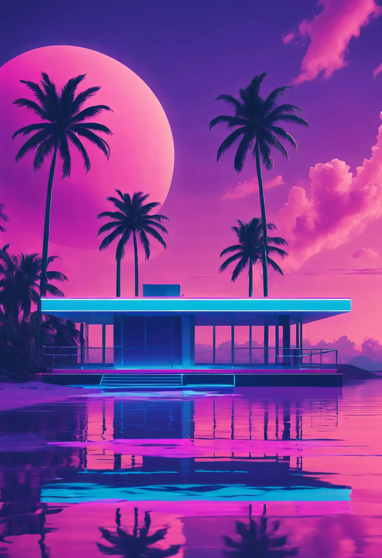 vaporwave aesthetics、colored neons、dreamy atmosphere、Cyberpunk atmosphere、fault art、80s retro vibe、Geometric patterns、surreal scenery、Japanese text、pink and purple shades、hologram effect、beach日落、Palm tree、3D rendering object、Reflective surface、tropical paradise、bright colors、synthesized music、Numerical aesthetics，Abstract shapes，miami vice style，future fashion，beach，Smooth gradients，pastel color palette，nostalgic ambiance，Low-fidelity aesthetics，urban skyline，sunset reflection，Surreal sunset，The formation of clouds，virtual reality