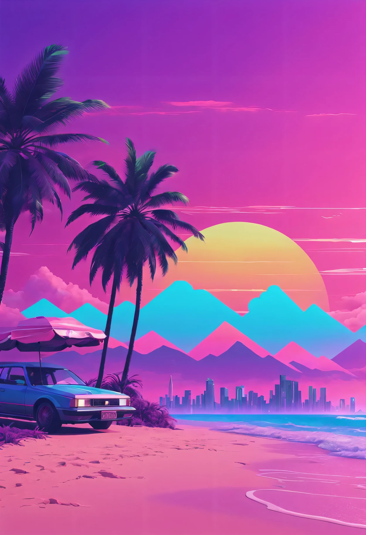 vaporwave aesthetics、colored neons、dreamy atmosphere、Cyberpunk atmosphere、fault art、80s retro vibe、Geometric patterns、surreal scenery、Japanese text、pink and purple shades、hologram effect、beach日落、Palm tree、3D rendering object、Reflective surface、tropical paradise、bright colors、synthesized music、Numerical aesthetics，Abstract shapes，miami vice style，future fashion，beach，Smooth gradients，pastel color palette，nostalgic ambiance，Low-fidelity aesthetics，urban skyline，sunset reflection，Surreal sunset，The formation of clouds，virtual reality