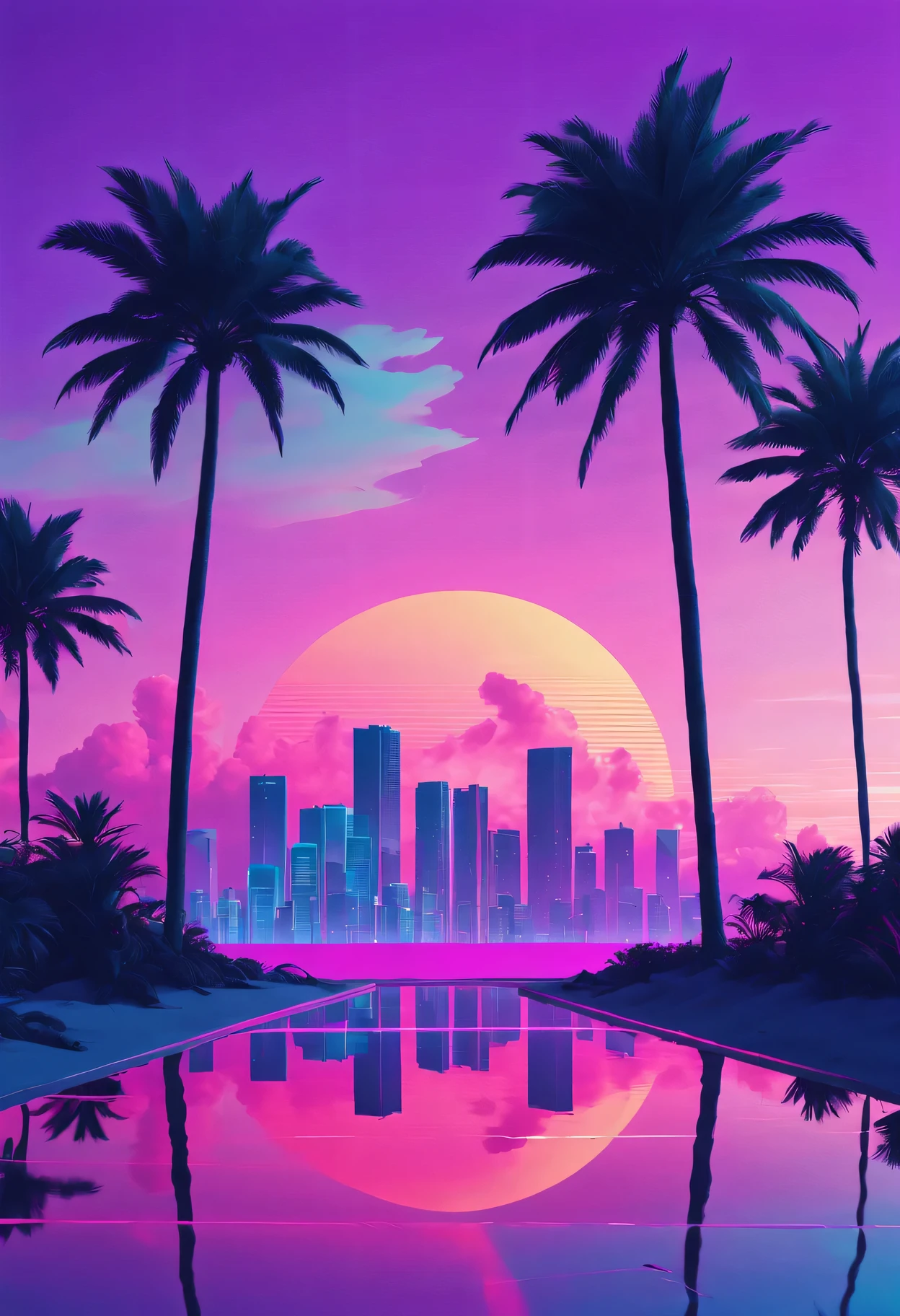 vaporwave aesthetics、colored neons、dreamy atmosphere、Cyberpunk atmosphere、fault art、80s retro vibe、Geometric patterns、surreal scenery、Japanese text、pink and purple shades、hologram effect、beach日落、Palm tree、3D rendering object、Reflective surface、tropical paradise、bright colors、synthesized music、Numerical aesthetics，Abstract shapes，miami vice style，future fashion，beach，Smooth gradients，pastel color palette，nostalgic ambiance，Low-fidelity aesthetics，urban skyline，sunset reflection，Surreal sunset，The formation of clouds，virtual reality