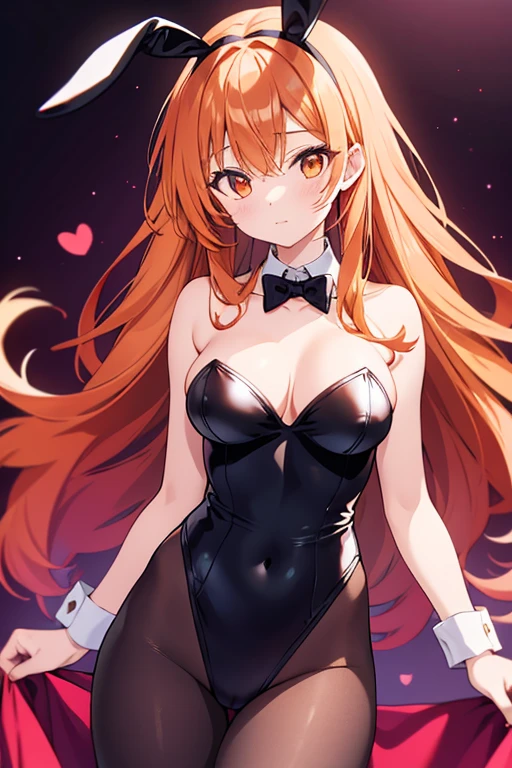 A beautiful woman with straight orange hair who is dressed in a black playboy bunny outfit