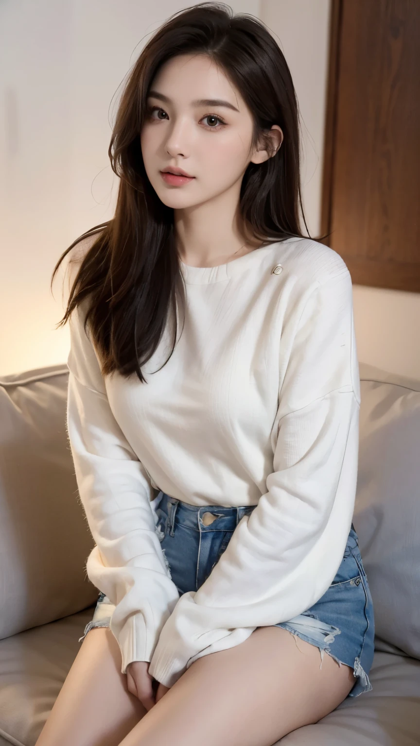 individual，young girl，23 years old, （（winter clothes）），fine hair, Detailed faces, full的身材，long hair，full, Short hair details, sit down，Short hot pants, Camisoles，Look up