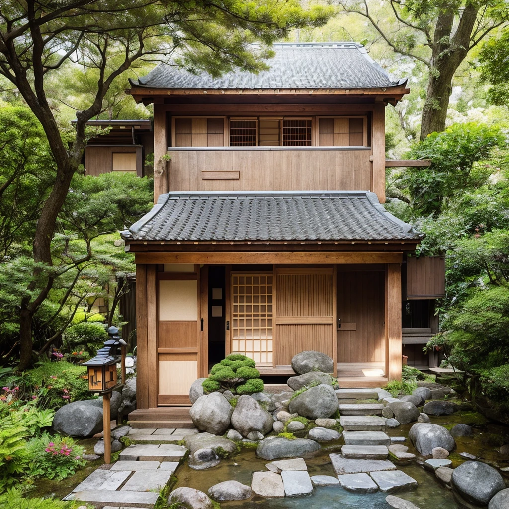 small japanese style wooden house, small scooter, stone steps, realistic photos